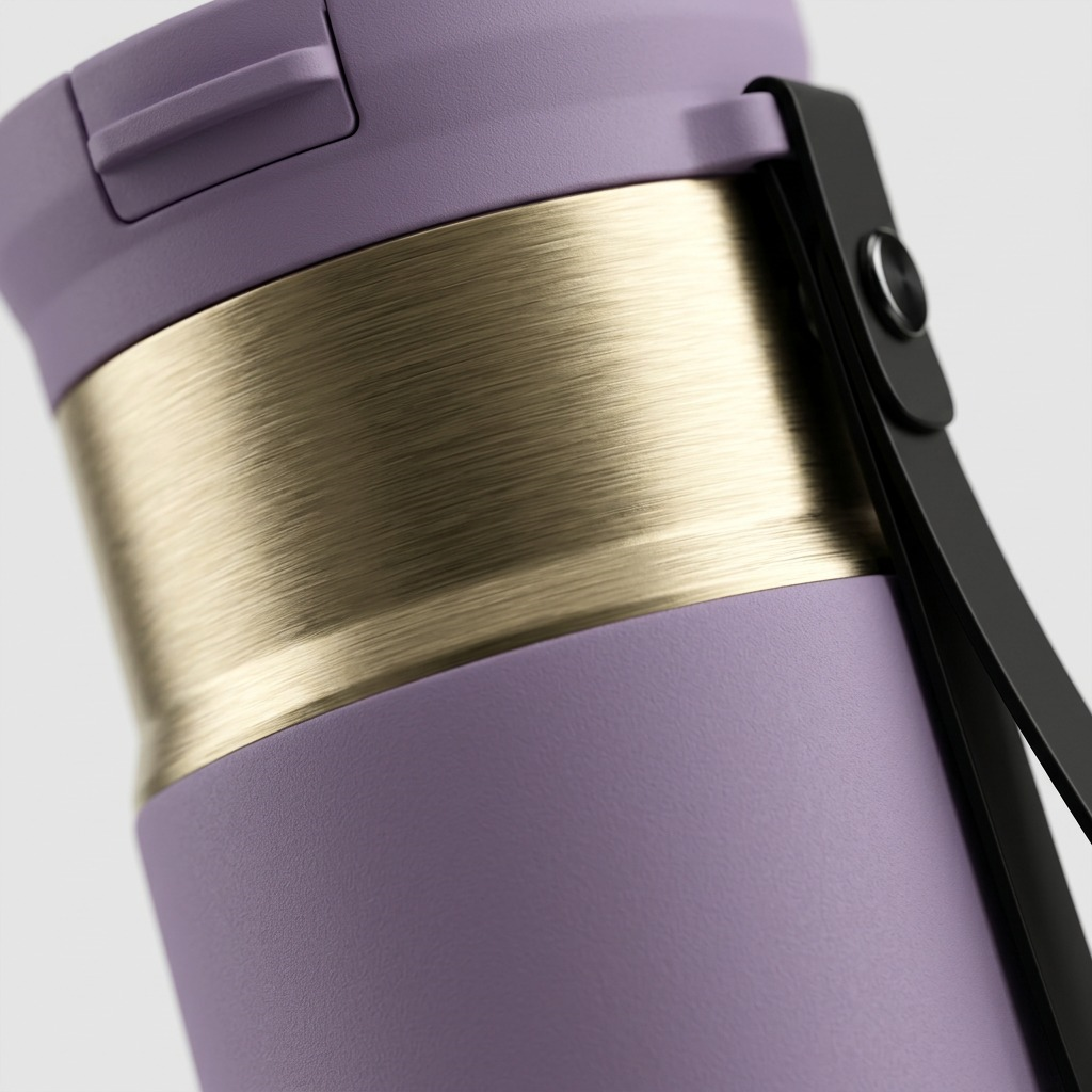Macro view of the brushed gold metal band and matte purple finish on a Contigo Snapseal Travel Mug.