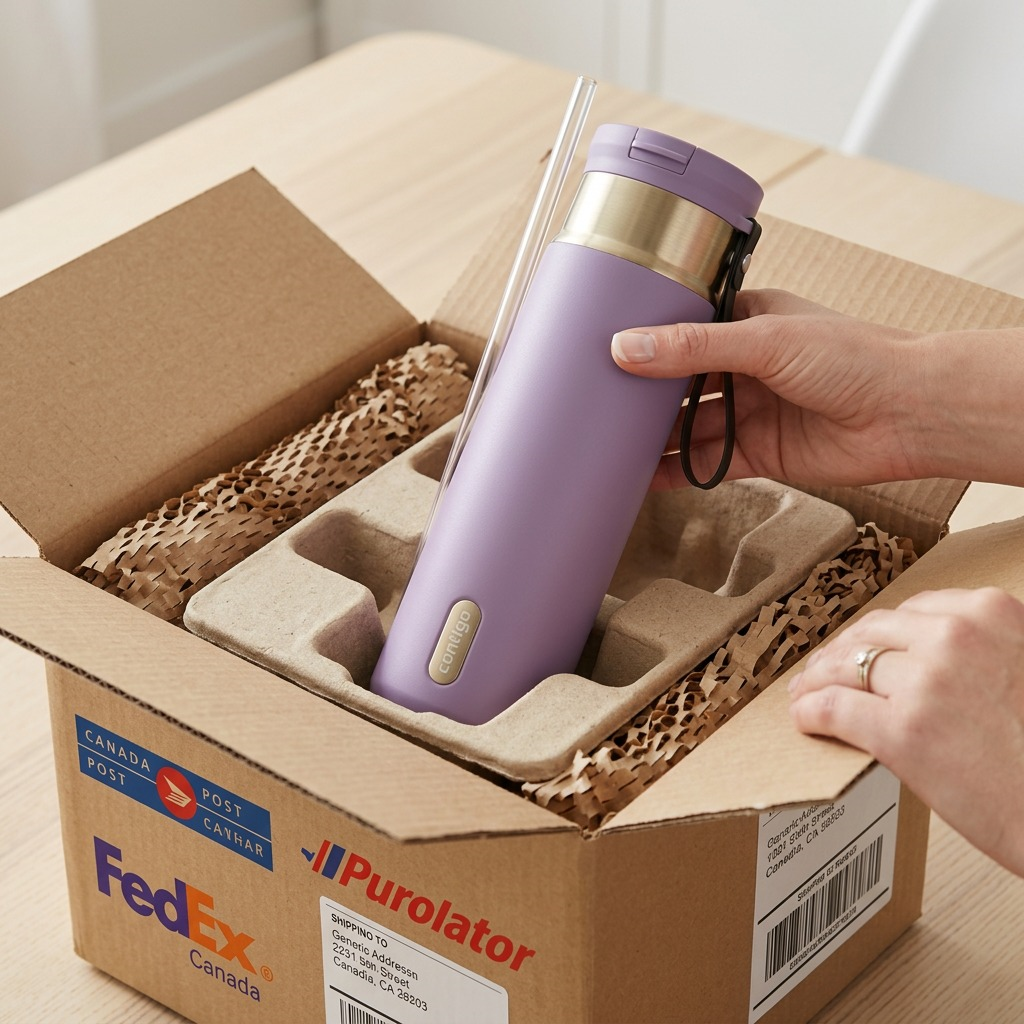 Person unboxing a purple Contigo Snapseal Travel Mug with straw from a secure shipping box.