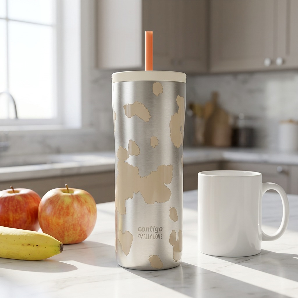 Contigo Streeterville 2.0 24oz Insulated Tumbler on a counter beside two apples and a white mug.