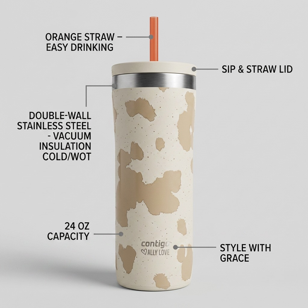 Feature diagram of Contigo 24oz Streeterville 2.0 Tumbler with straw and vacuum insulation.