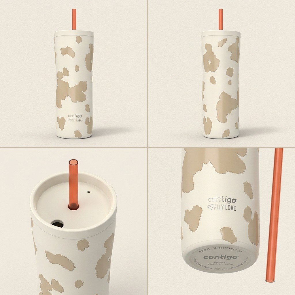 Multiple angles of the Oatmilk Contigo Streeterville 2.0 Tumbler showing the lid, straw, and base.