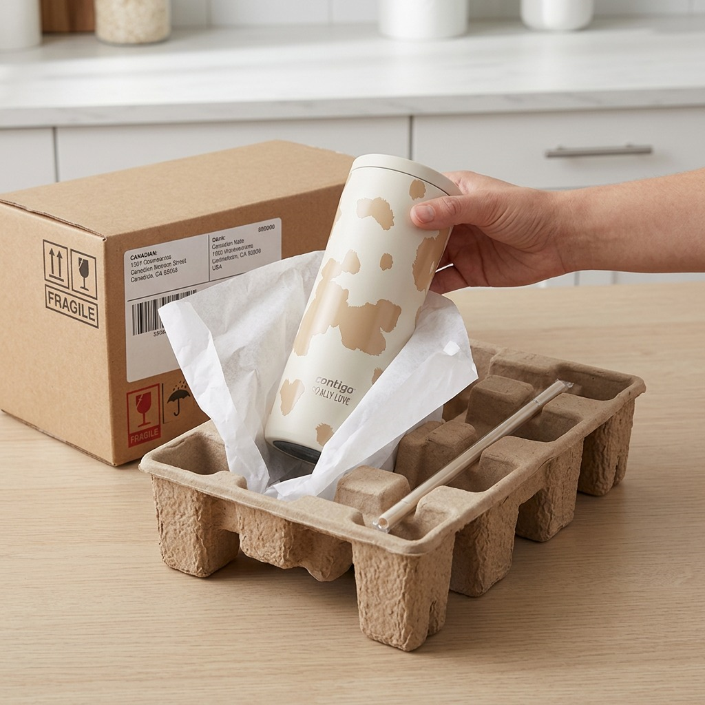 Hand lifting a patterned Contigo Streeterville Tumbler from protective cardboard shipping tray.