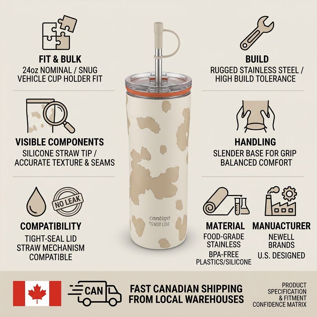 Infographic for Contigo Streeterville 2.0 24oz Tumbler highlighting fit, stainless steel build, and fast Canadian shipping.