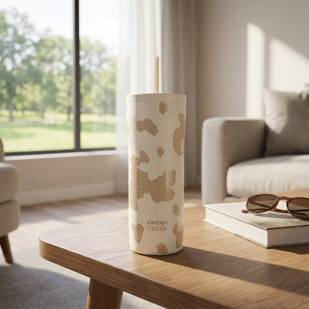 Contigo 24oz Streeterville 2.0 spill-proof tumbler with straw in Oatmilk on a sunlit coffee table.