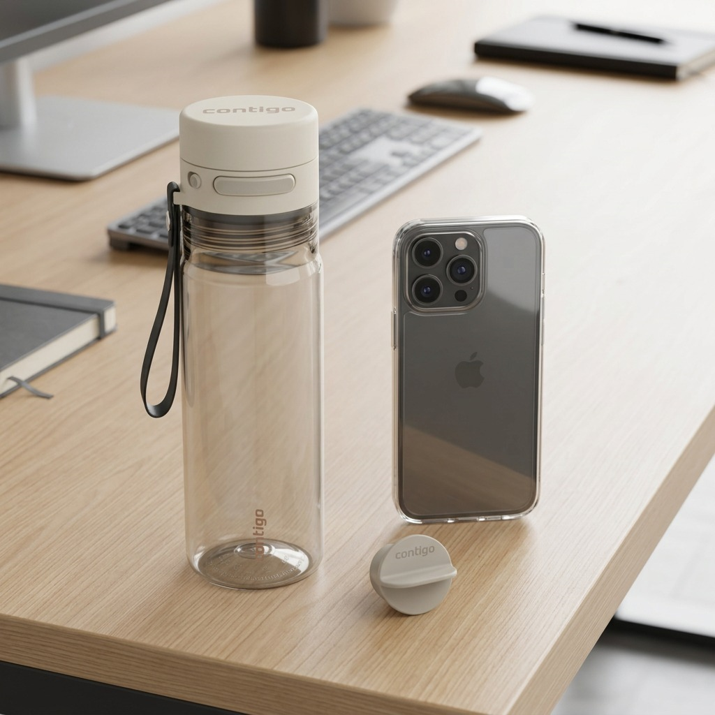 The Contigo Autopop oatmilk water bottle is placed on a modern desktop next to a standard smartphone, showing their relative size.