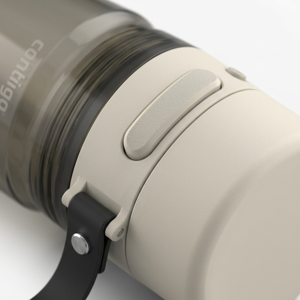 Macro photograph focusing on the textured activation button of the Contigo AUTOPOP water bottle lid.