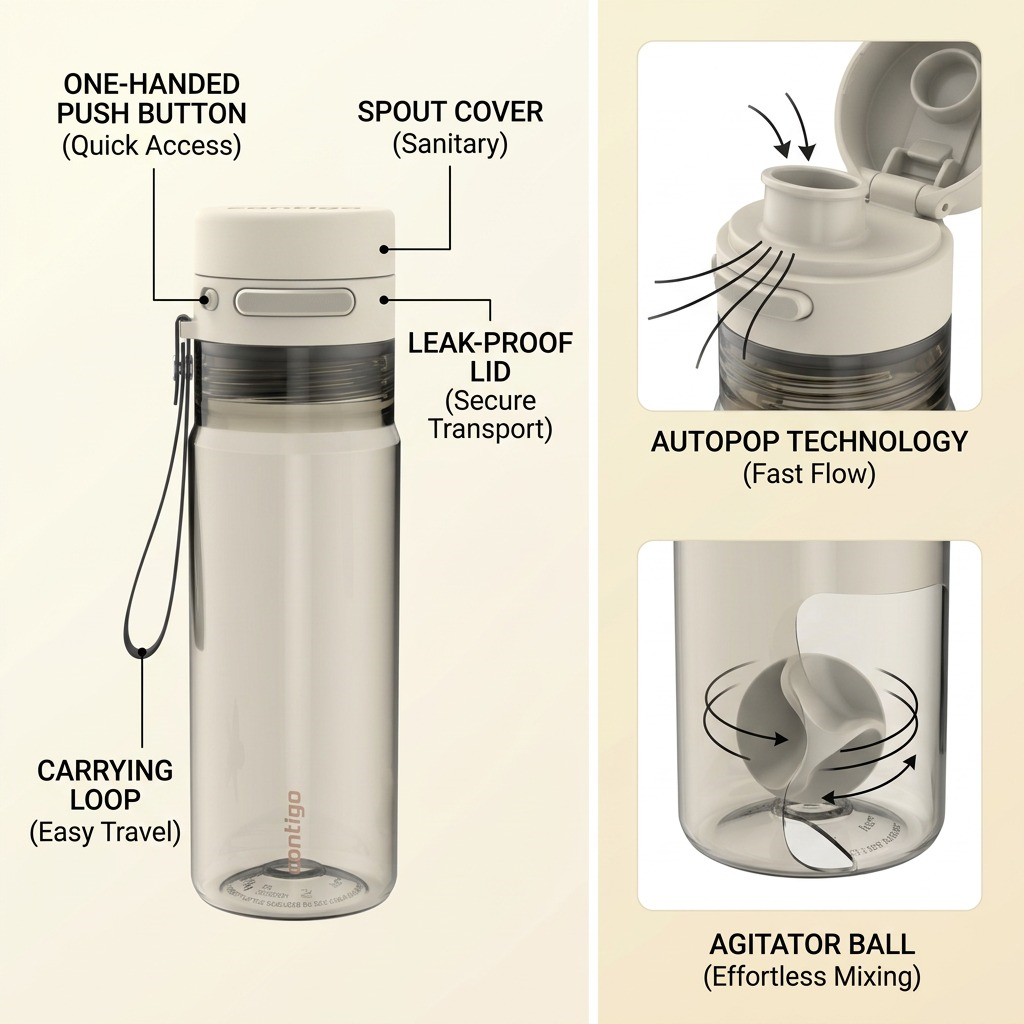 A clean ecommerce graphic showcasing key features of the Contigo Autopop water bottle.<ctrl46>