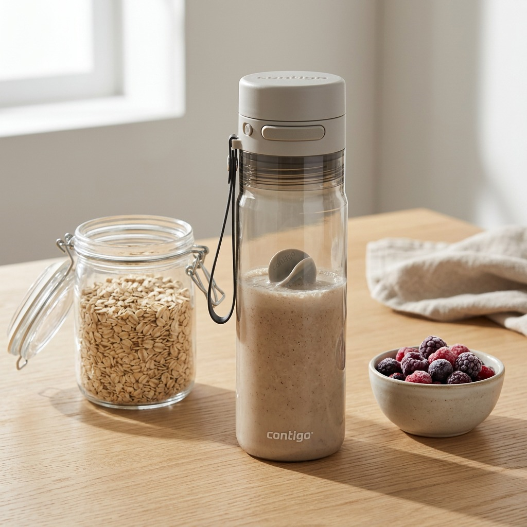 A lifestyle image featuring the 24 oz Contigo Oatmilk water bottle with its cap and agitator ball on a natural wood table, filled with a cloudy smoothie, next to ingredients like oats and berries.