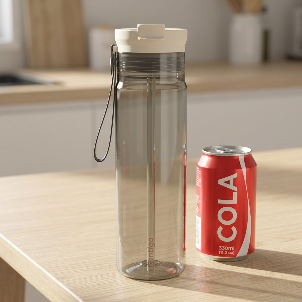 A studio photograph captures the Contigo water bottle, in its oatmilk and transparent grey finish with lanyard, sitting on a desk alongside a standard 330ml soda can. This direct visual comparison effectively illustrates the scale and size of the bottle.