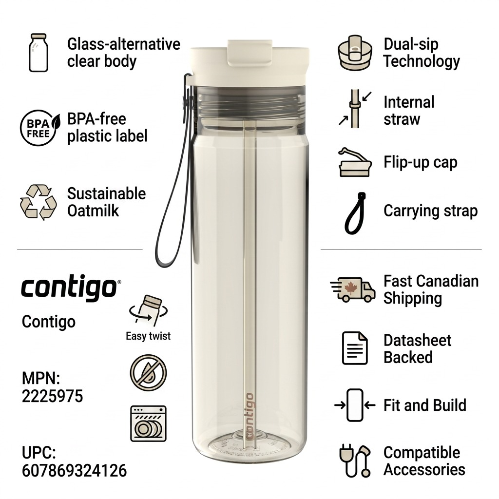 Trust and authority infographic showing specs for Contigo's 28 oz bottle, with fast Canadian shipping.