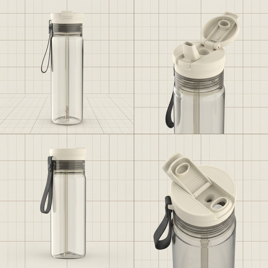 A clean grid showcases the clear and oatmilk Contigo water bottle from different angles and with the lid open and closed.