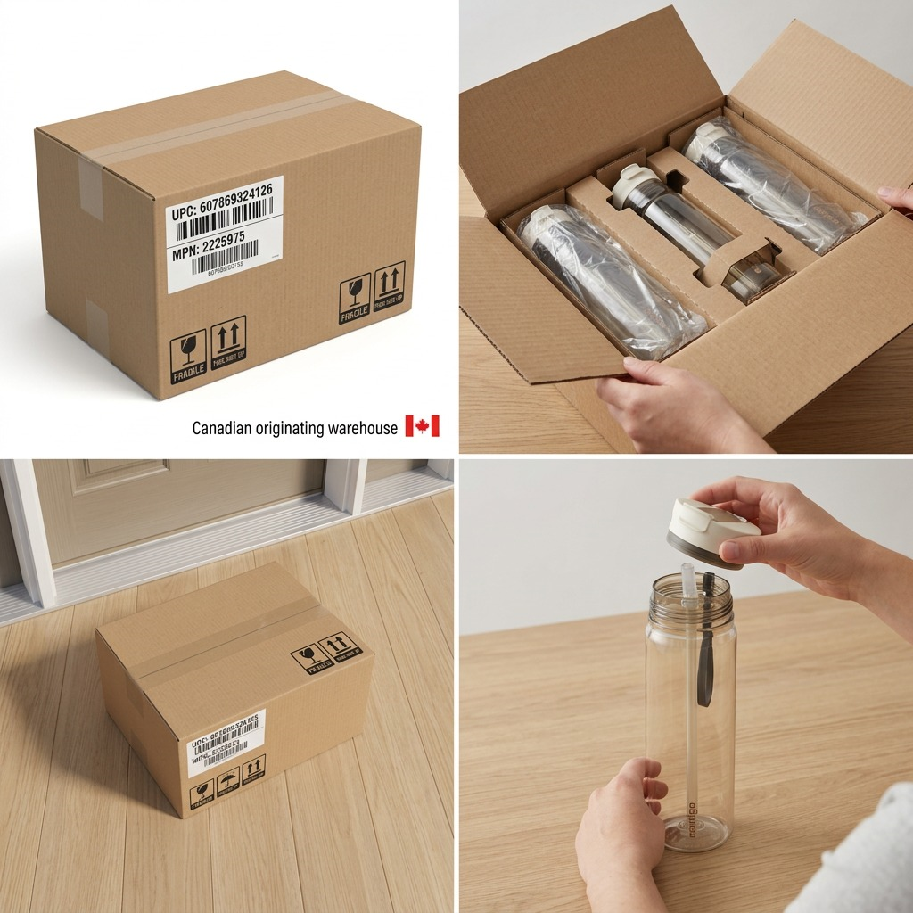 A matrix of four images detailing the secure packaging for the Contigo 28oz water bottle, showing outer box labels, custom inserts, plastic wrapping, and arrival at a front door.