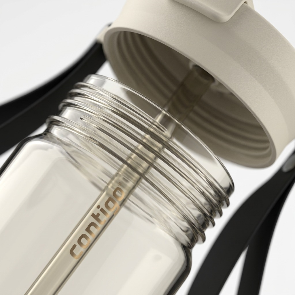 A detailed macro photograph showing the precise molding, thread, and materials of the Contigo water bottle, featuring the brand logo on the internal tube.
