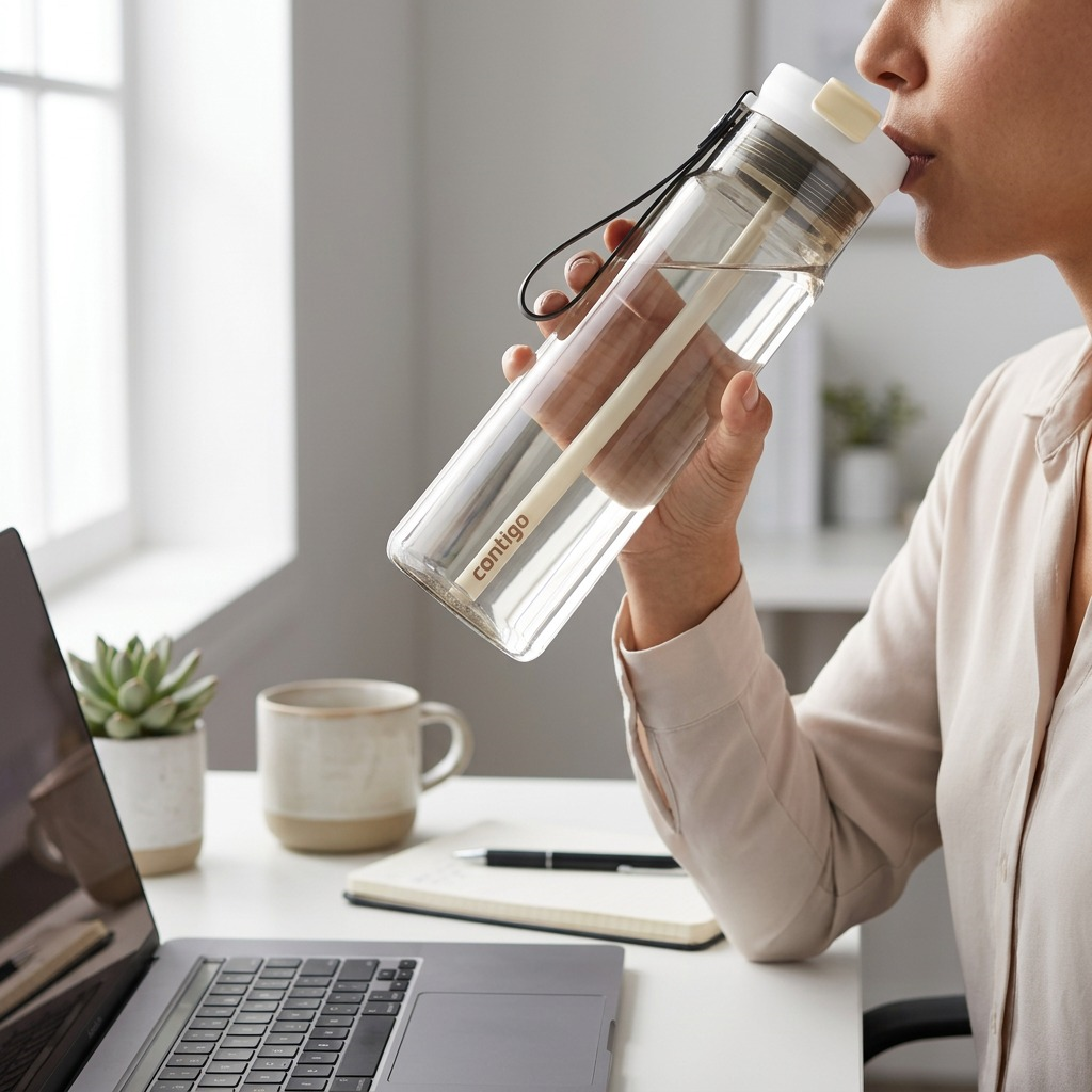 A person sits at an office desk, holding and drinking from the lifestyle Contigo Dual Sip water bottle, with natural window light, other desk items, and a computer in the background.