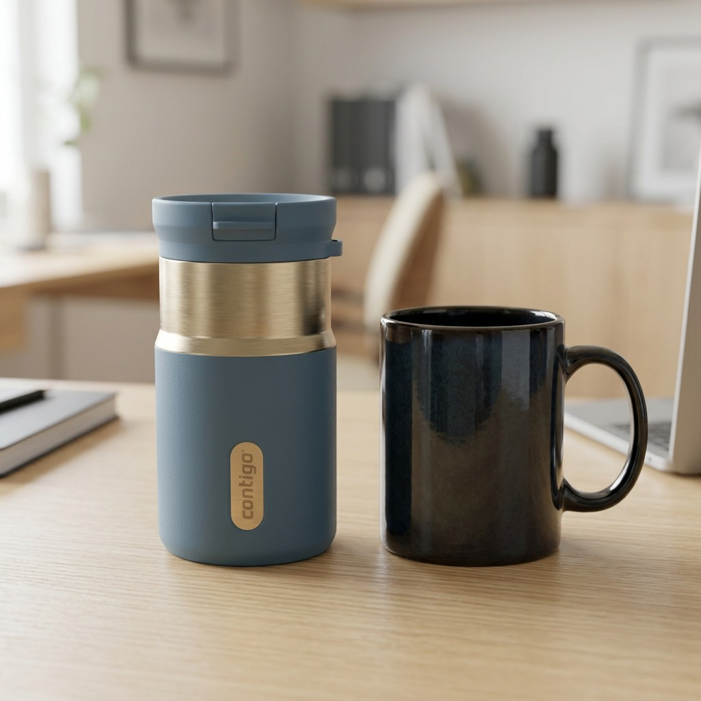 Denim blue 10oz Contigo SnapSeal travel mug on a desk next to a standard ceramic coffee mug.