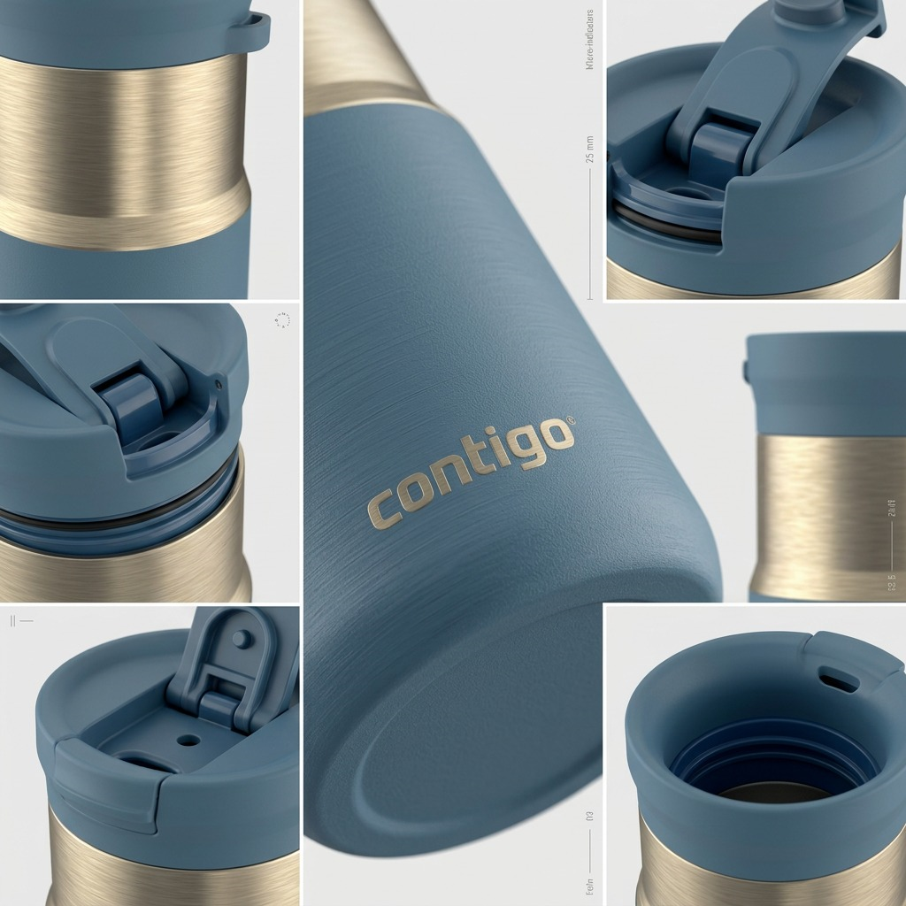 Detailed close-ups of the Contigo 10oz SnapSeal Travel Mug in Denim PVD with brushed gold accents.