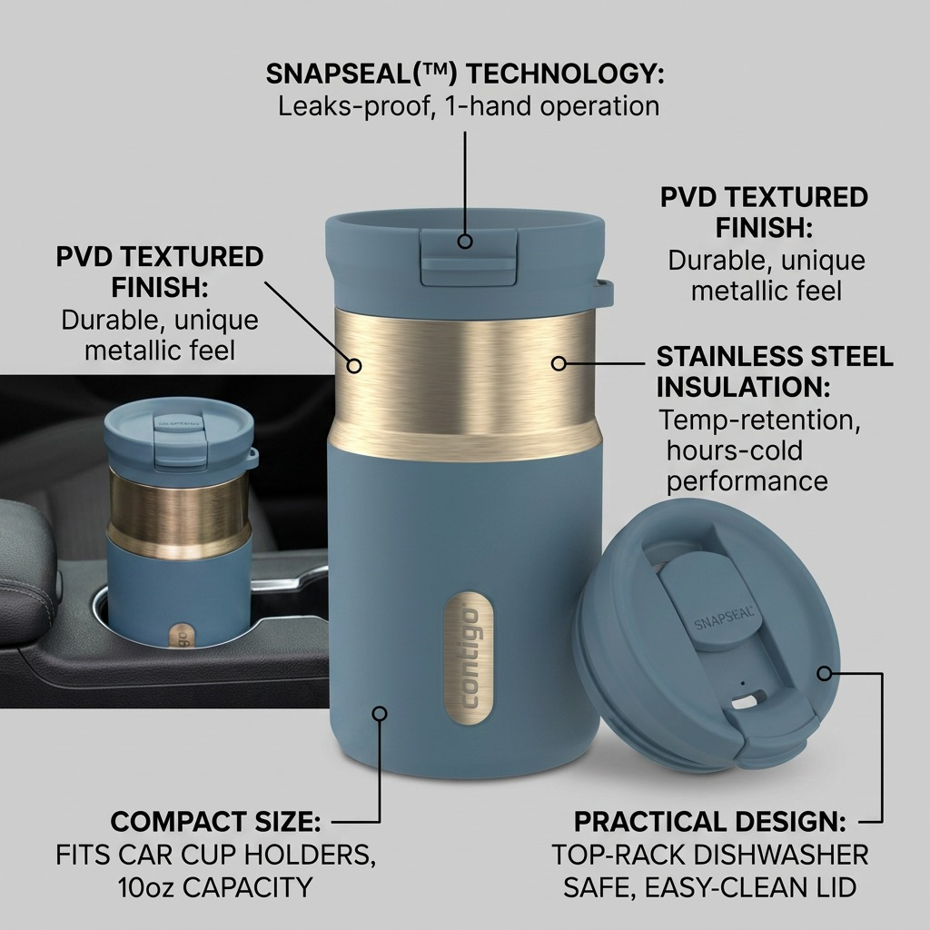 Contigo 10oz Snapseal Denim Travel Mug feature diagram showing leak-proof lid and PVD finish.