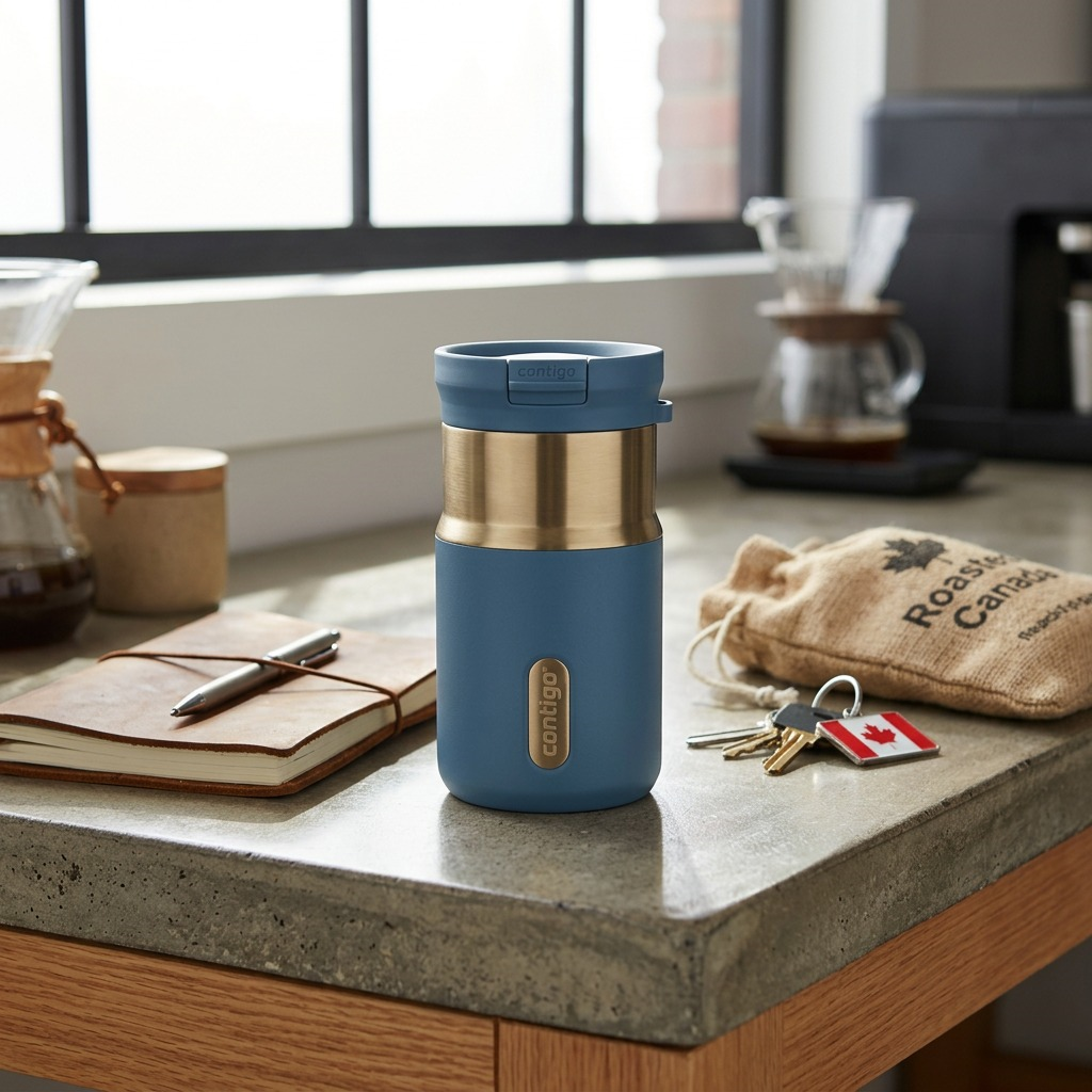 A denim blue Contigo 10oz SnapSeal Travel Mug on a kitchen counter with a notebook and coffee bean bag.