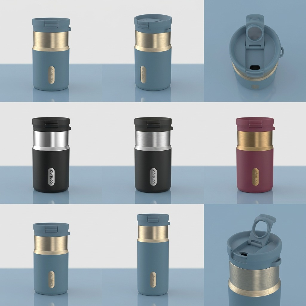 Matrix showing Contigo Snapseal Travel Mugs in denim blue, black, and red with various lid views.