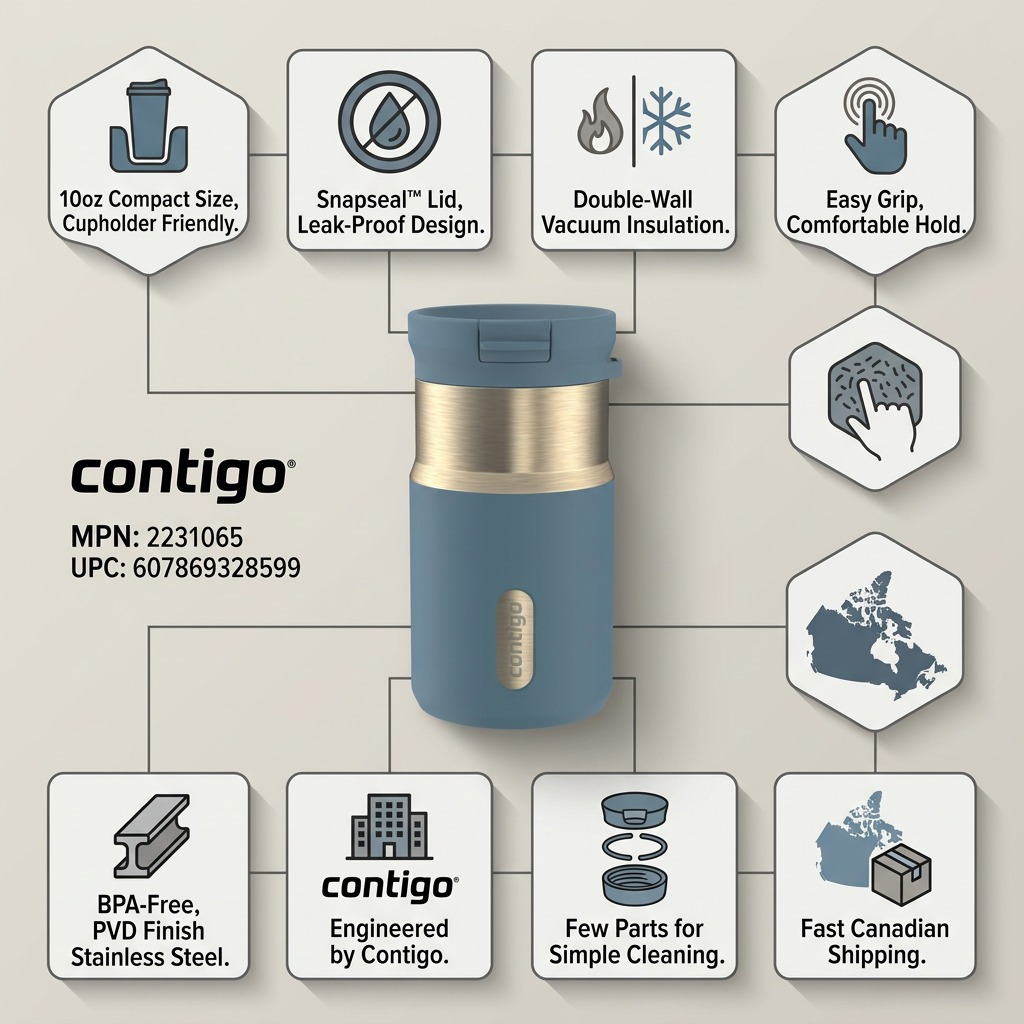 Infographic for Contigo 10oz Snapseal mug in Denim Blue, highlighting leak-proof lid and insulation.