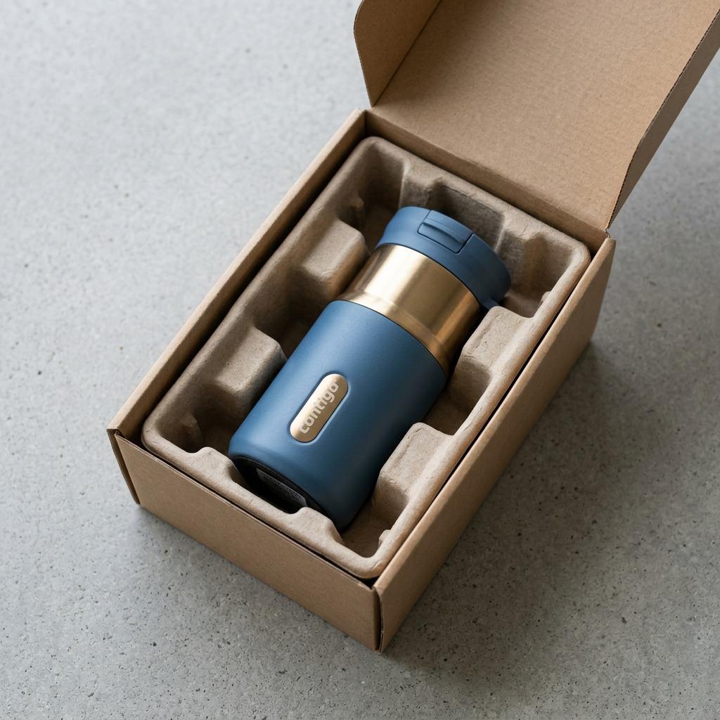 A denim blue Contigo 10oz SnapSeal Travel Mug secured in a protective cardboard shipping insert.