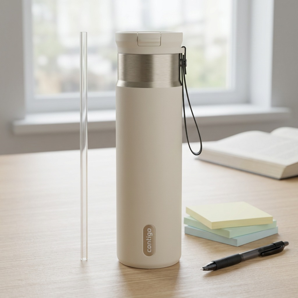 Contigo Snapseal mug in Oatmilk on a desk next to a straw, pen, and notepad for scale reference.