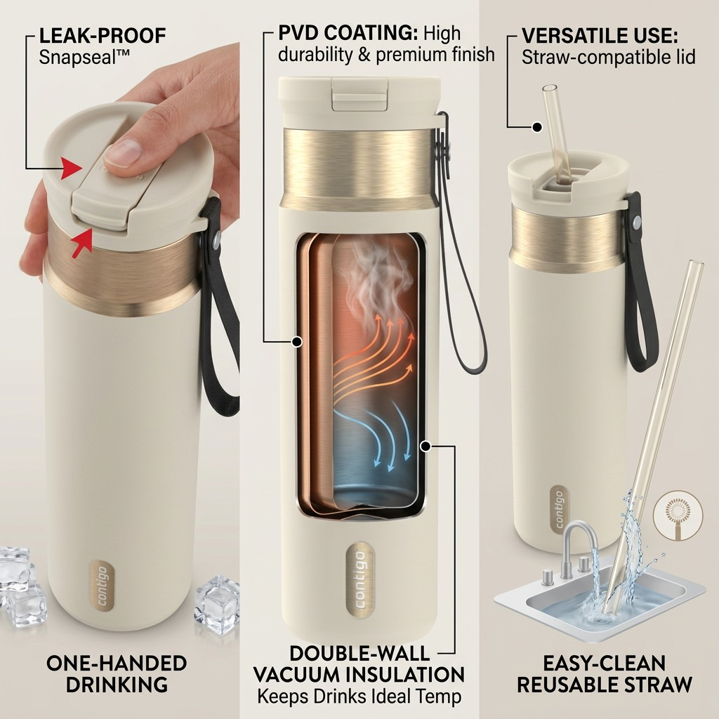 Feature callout of the Oatmilk Contigo Snapseal Travel Mug showing leak-proof lid and vacuum insulation.