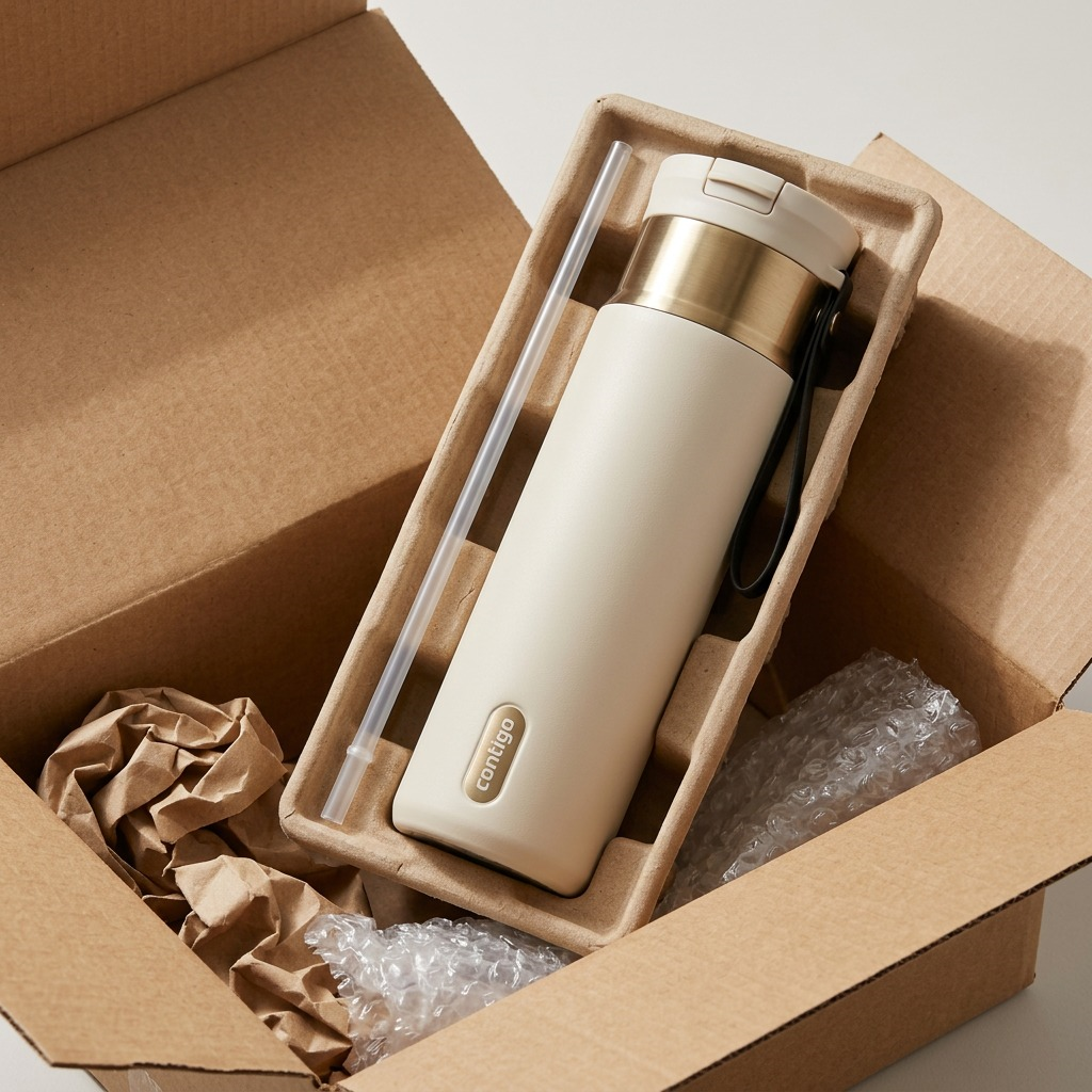 Contigo Oatmilk PVD Travel Mug with straw in secure shipping box with recycled pulp tray.