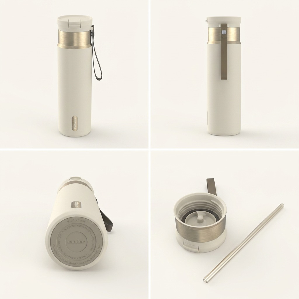 A grid showing the Contigo Snapseal Travel Mug in Oatmilk from four angles including the base and straw.