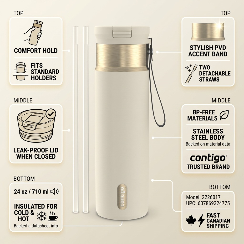 Contigo 24oz Oatmilk Snapseal Mug infographic highlighting leak-proof lid, stainless steel, and straws.