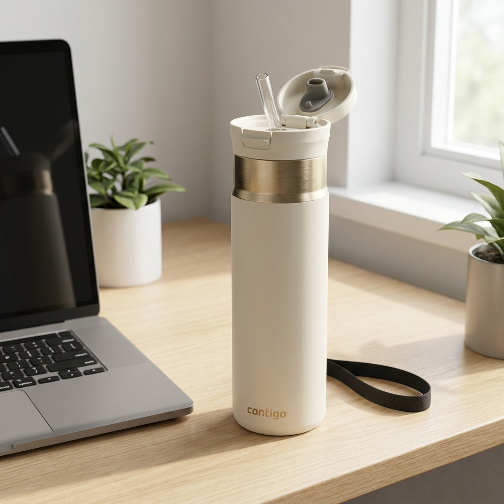 A 24oz Contigo Snapseal mug in Oatmilk on a desk next to a laptop, featuring an open lid and straw.
