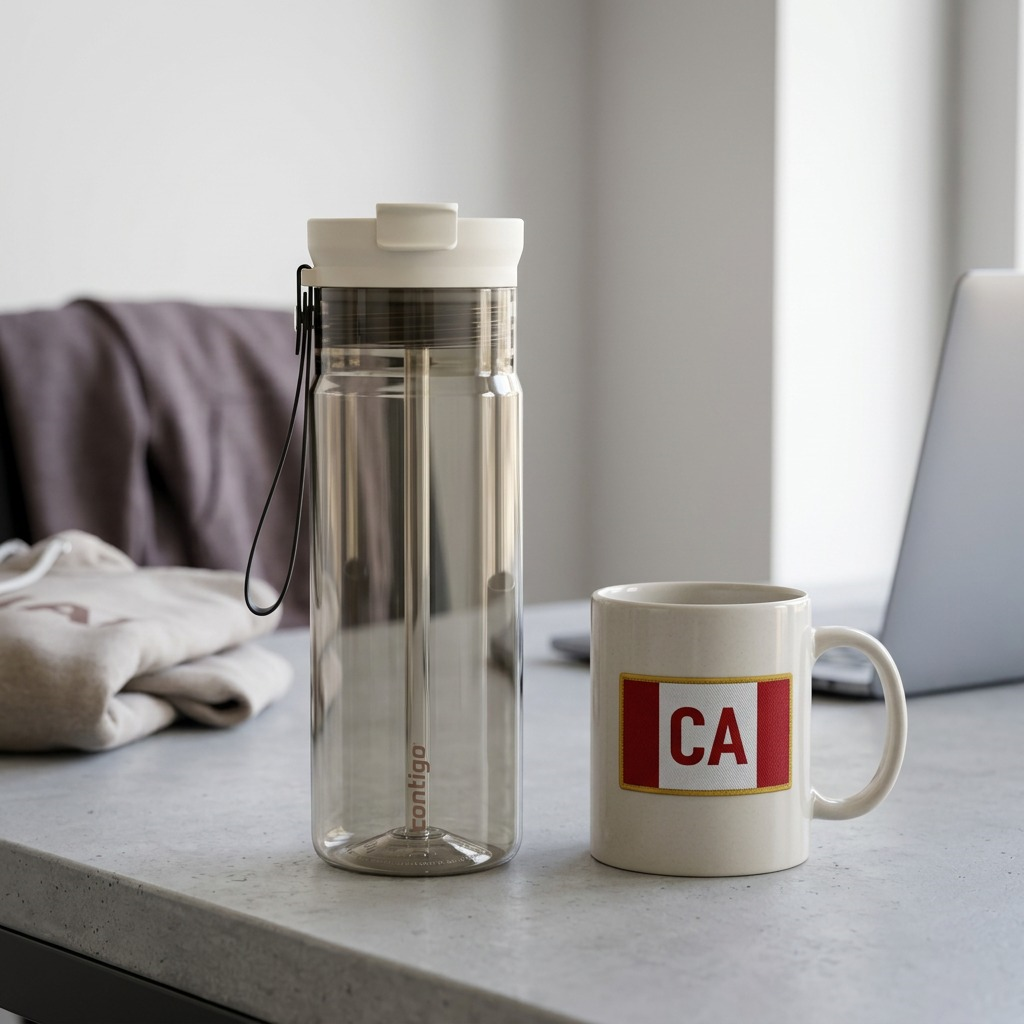 Contigo 24 oz Dual Sip Oatmilk water bottle standing on a desk next to a standard coffee mug.