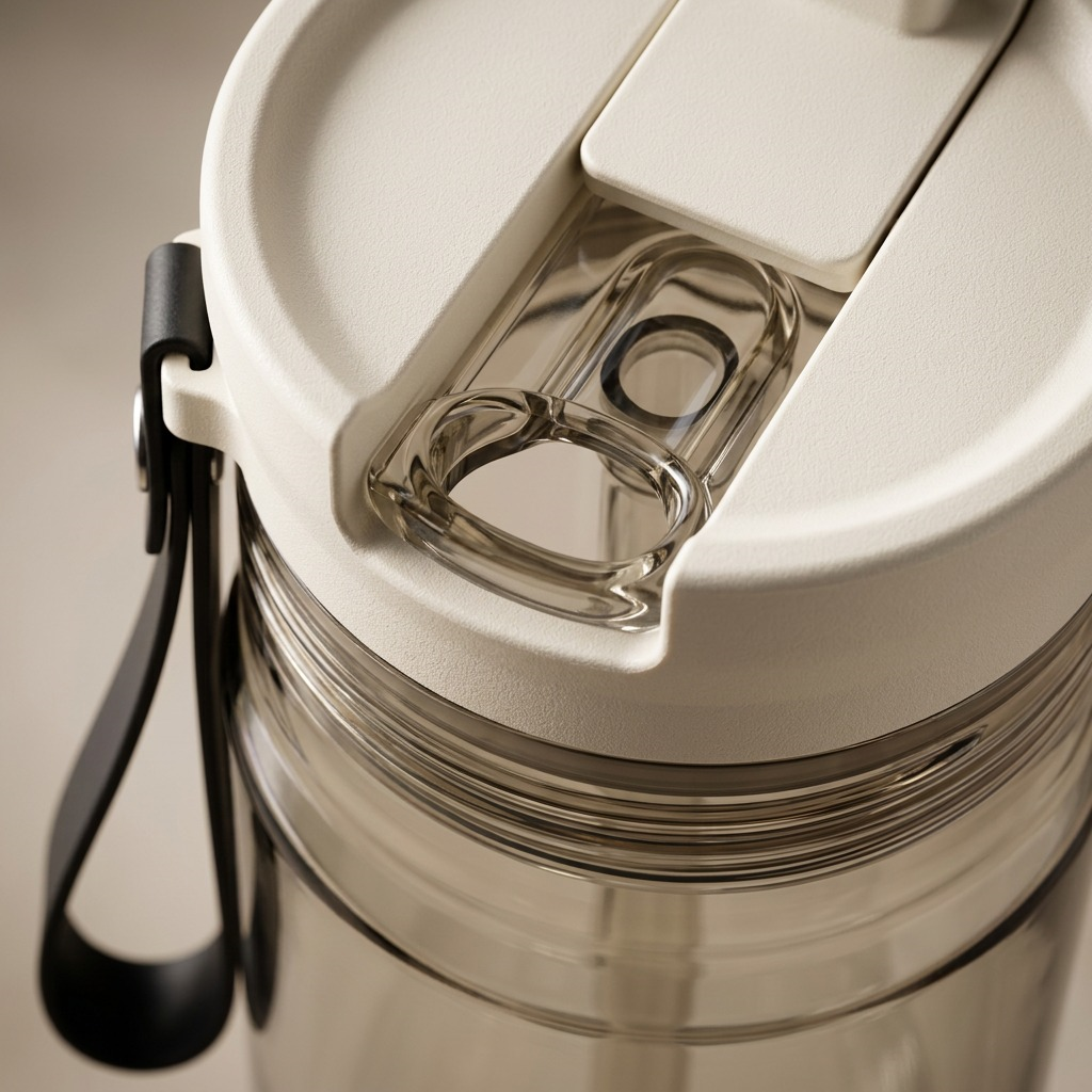 Macro view of the Contigo Dual Sip lid in Oatmilk, showing the clear straw and spout interface.