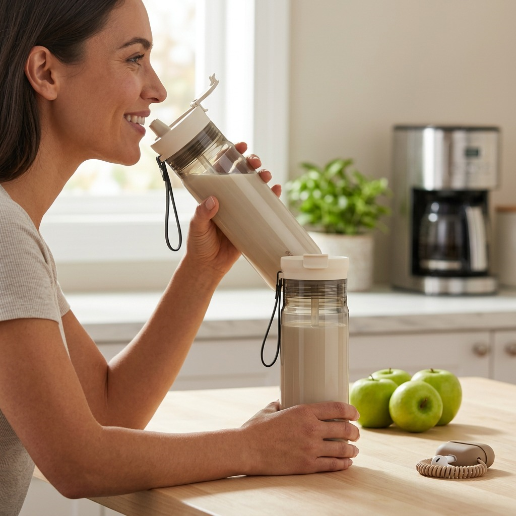Woman in a bright kitchen sipping from an Oatmilk Contigo Dual Sip water bottle with 2-in-1 lid.