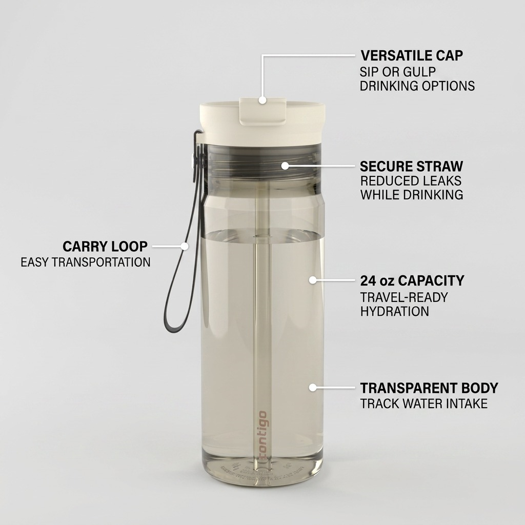 Contigo 24 oz Dual Sip Plastic Bottle in Oatmilk highlighting versatile cap, straw, and carry loop.