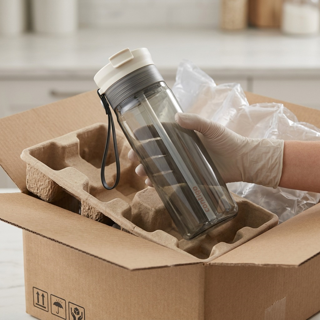 Contigo 24 oz Dual Sip water bottle in Oatmilk being unboxed from a secure shipping package.