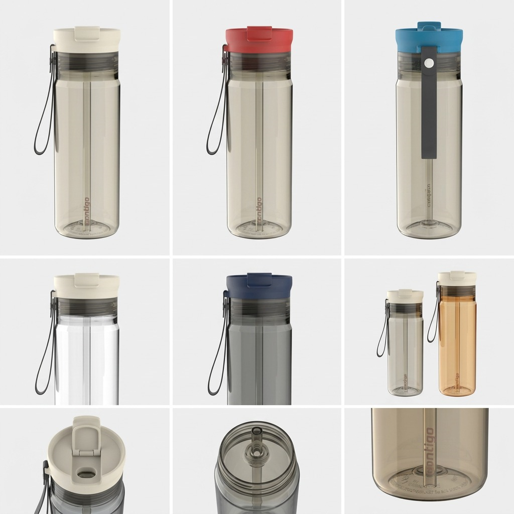 Grid of Contigo Dual Sip water bottles in colors like oatmilk, red, and blue, showing 2-in-1 lids.