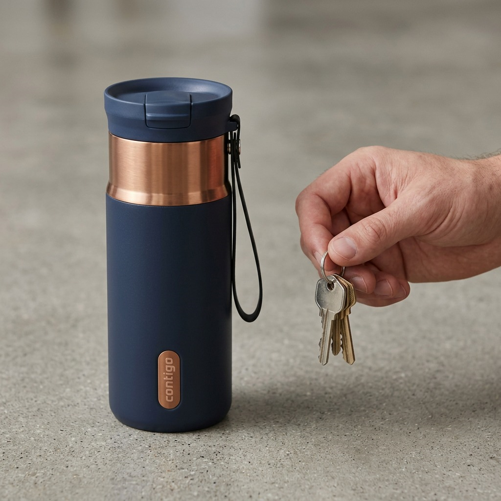 A hand holding keys next to a 16oz Abyss Blue Contigo Snapseal travel mug for size reference.