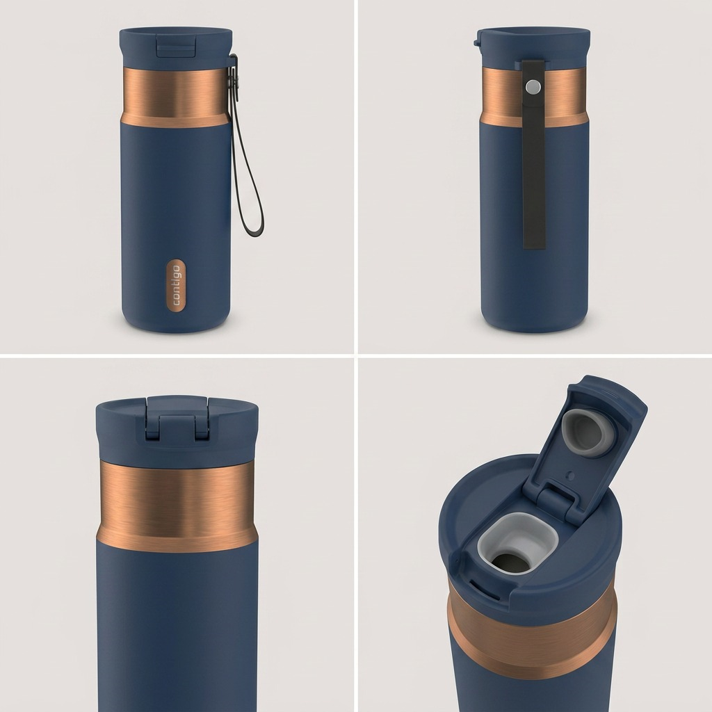 Matrix of four views of the Contigo 16oz Snapseal Abyss Blue travel mug with copper-tone trim.