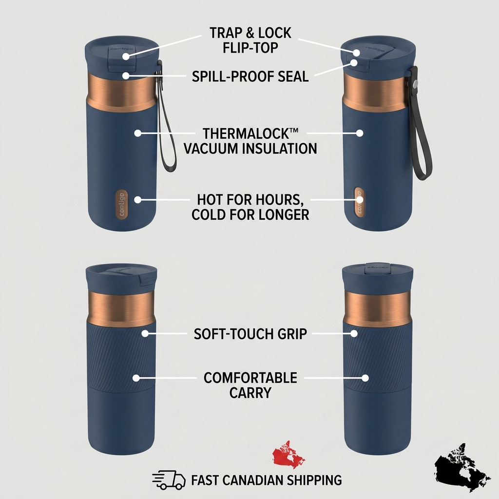 Contigo Snapseal PVD abyss blue travel mug diagram highlighting leak-proof lid and insulation.