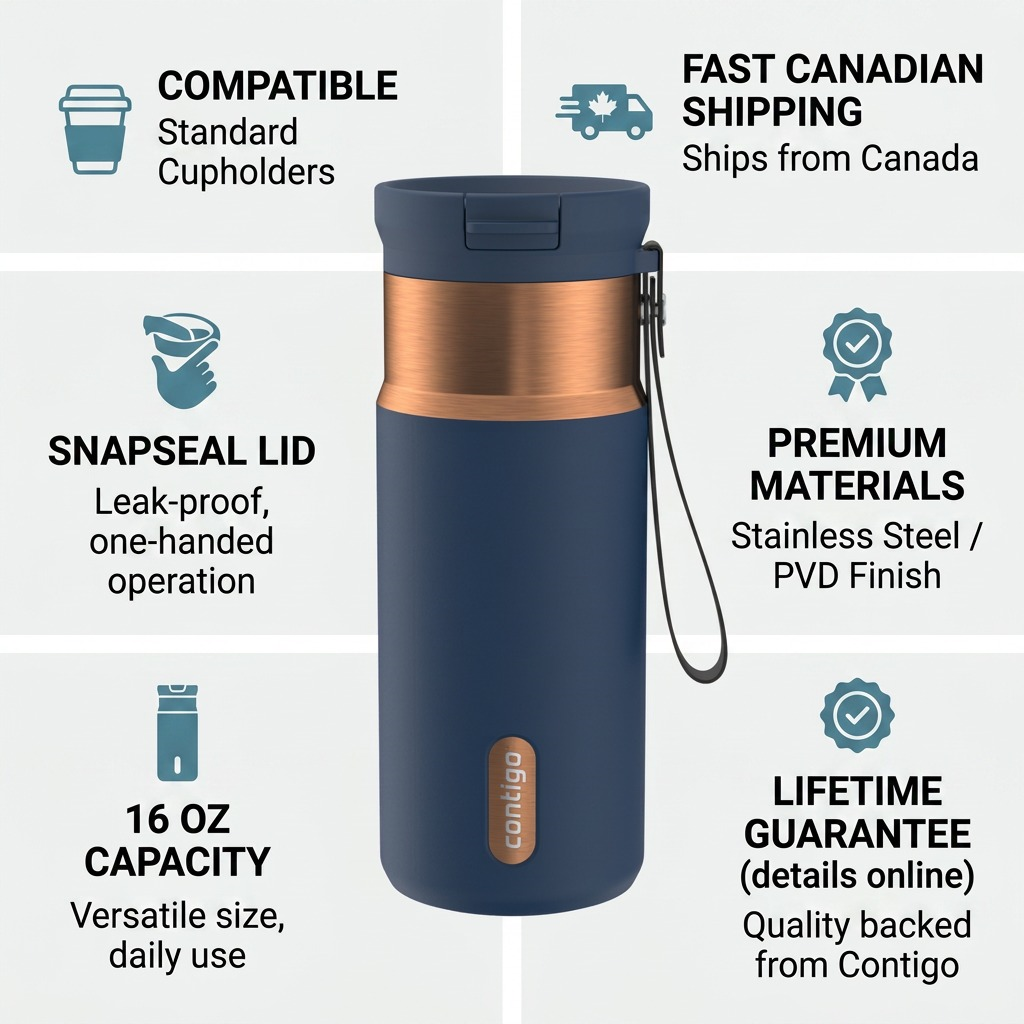 Infographic for Contigo Snapseal 16oz PVD travel mug in Abyss Blue showing leak-proof features.