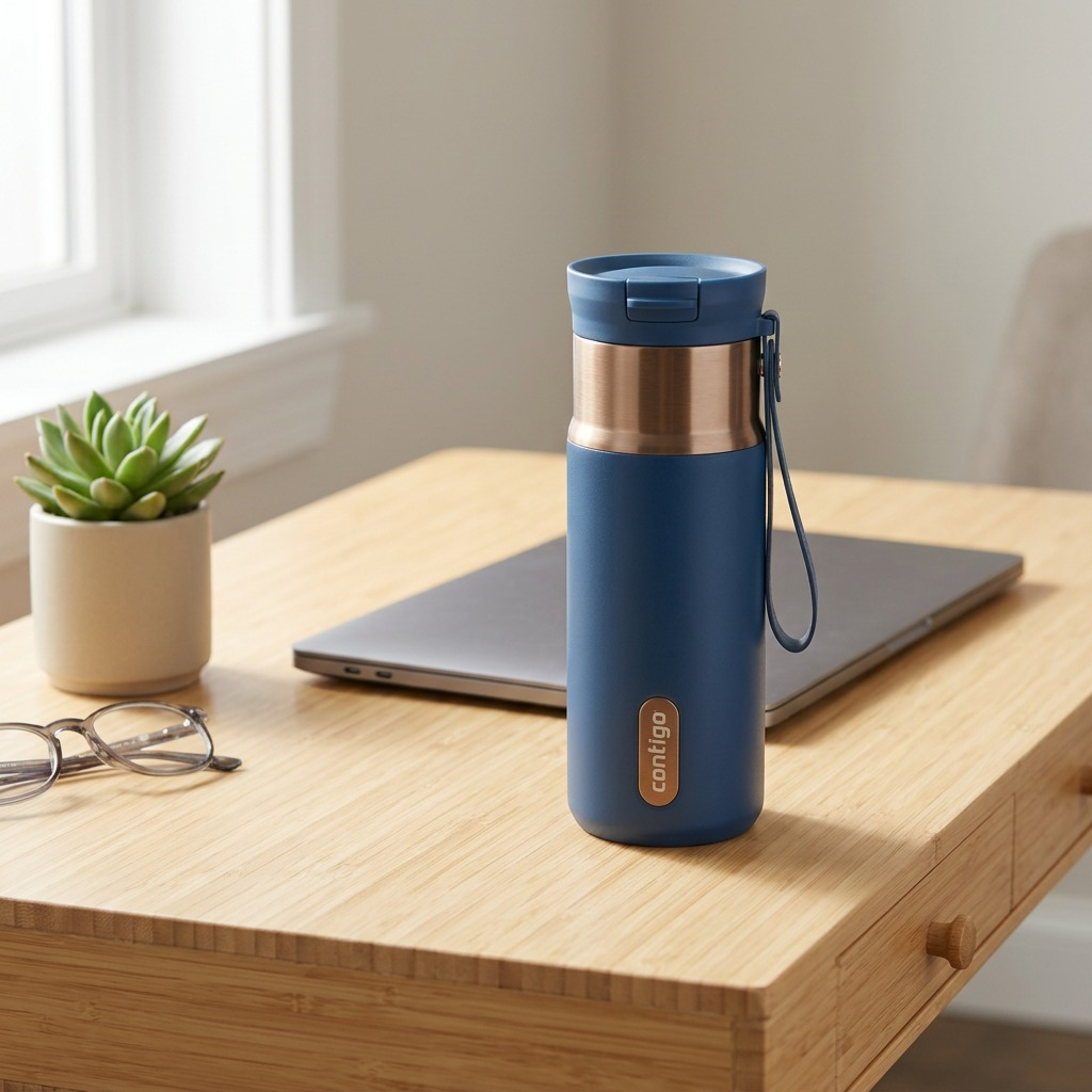 Abyss Blue Contigo 16oz Snapseal PVD Travel Mug on a wooden desk next to a laptop and glasses.