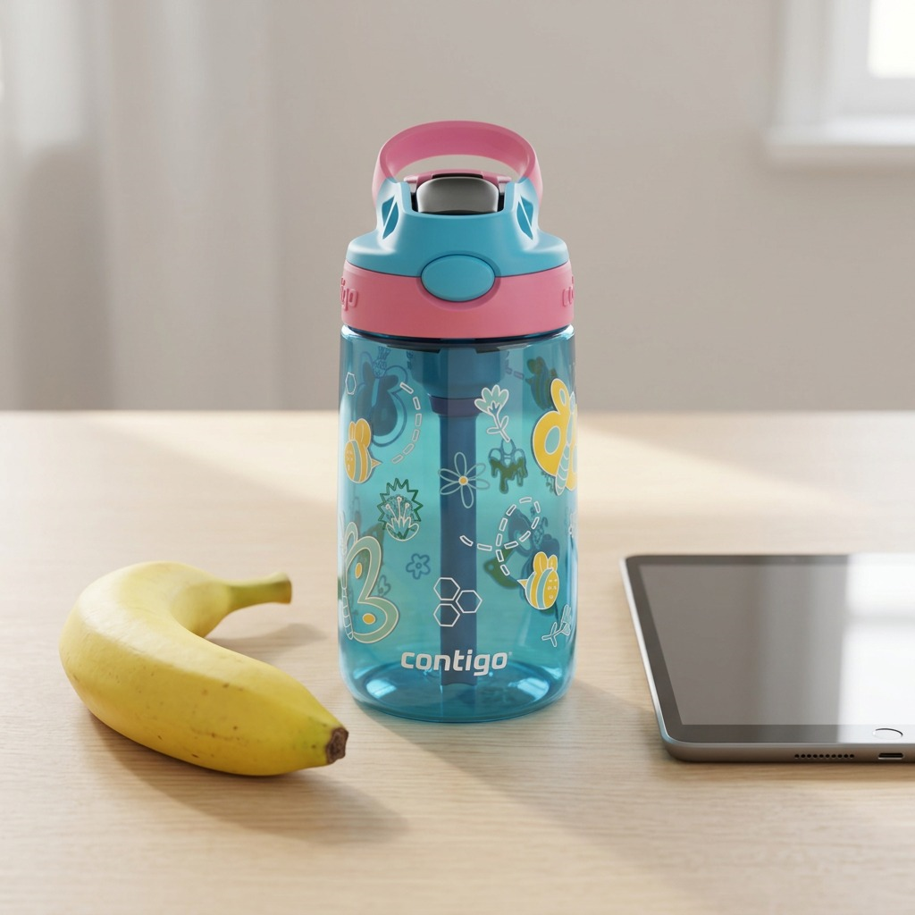 Contigo 14 oz Blue Raspberry Butterflies water bottle on a desk next to a banana and tablet.