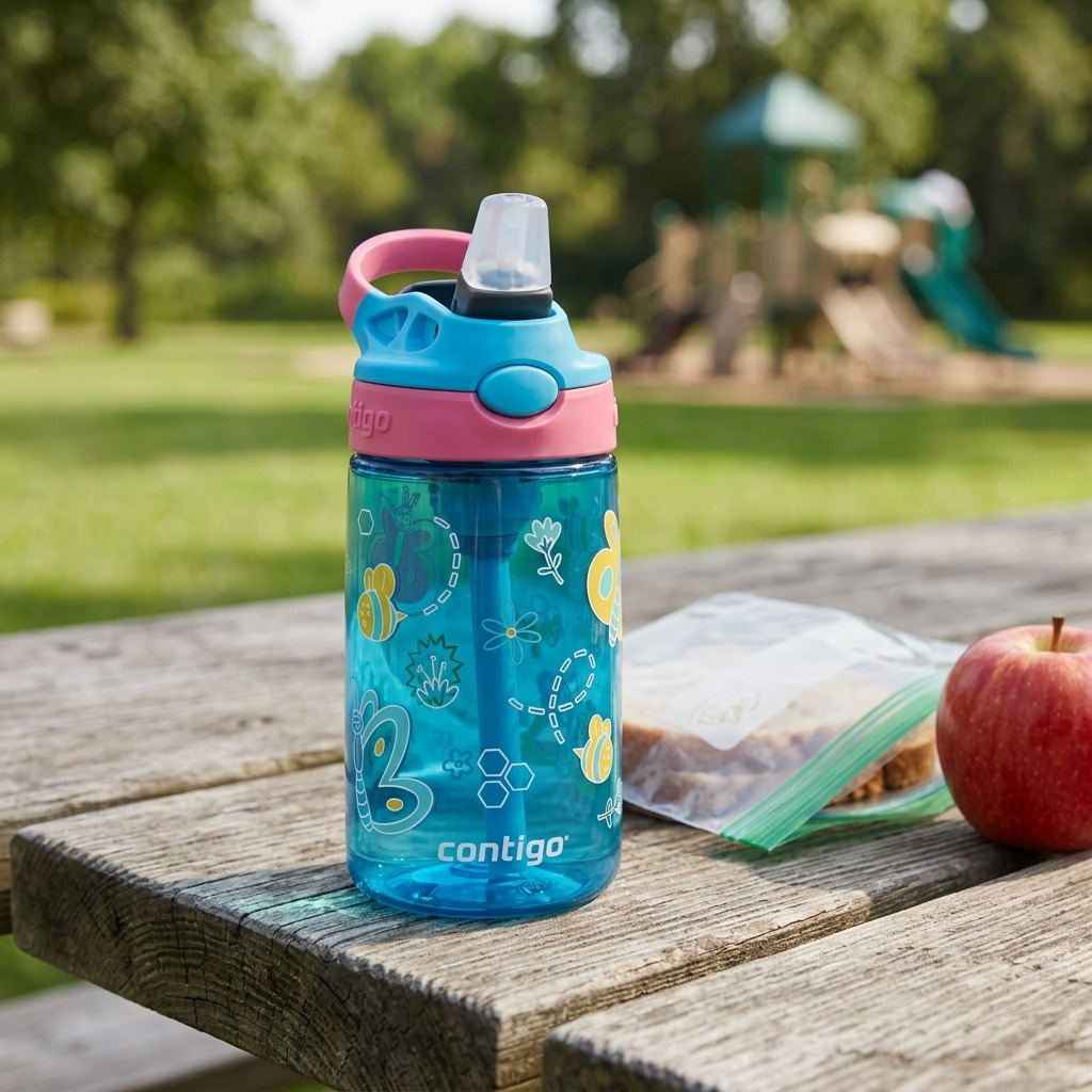 Contigo 14 oz. Blue Raspberry Butterflies Autospout bottle on a park picnic table with a snack.