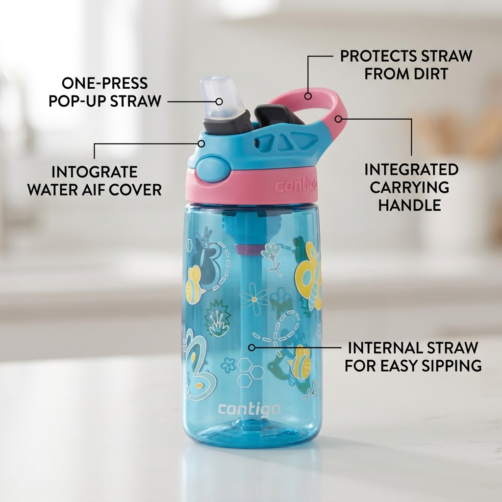 Contigo Autospout water bottle with butterflies showing features: pop-up straw and carry handle.