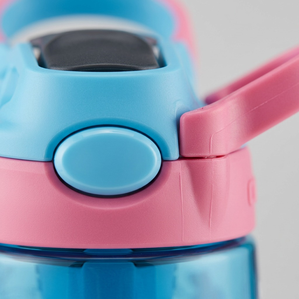 Macro detail of the Contigo Kids' Autospout bottle showing the blue push button and pink lid.