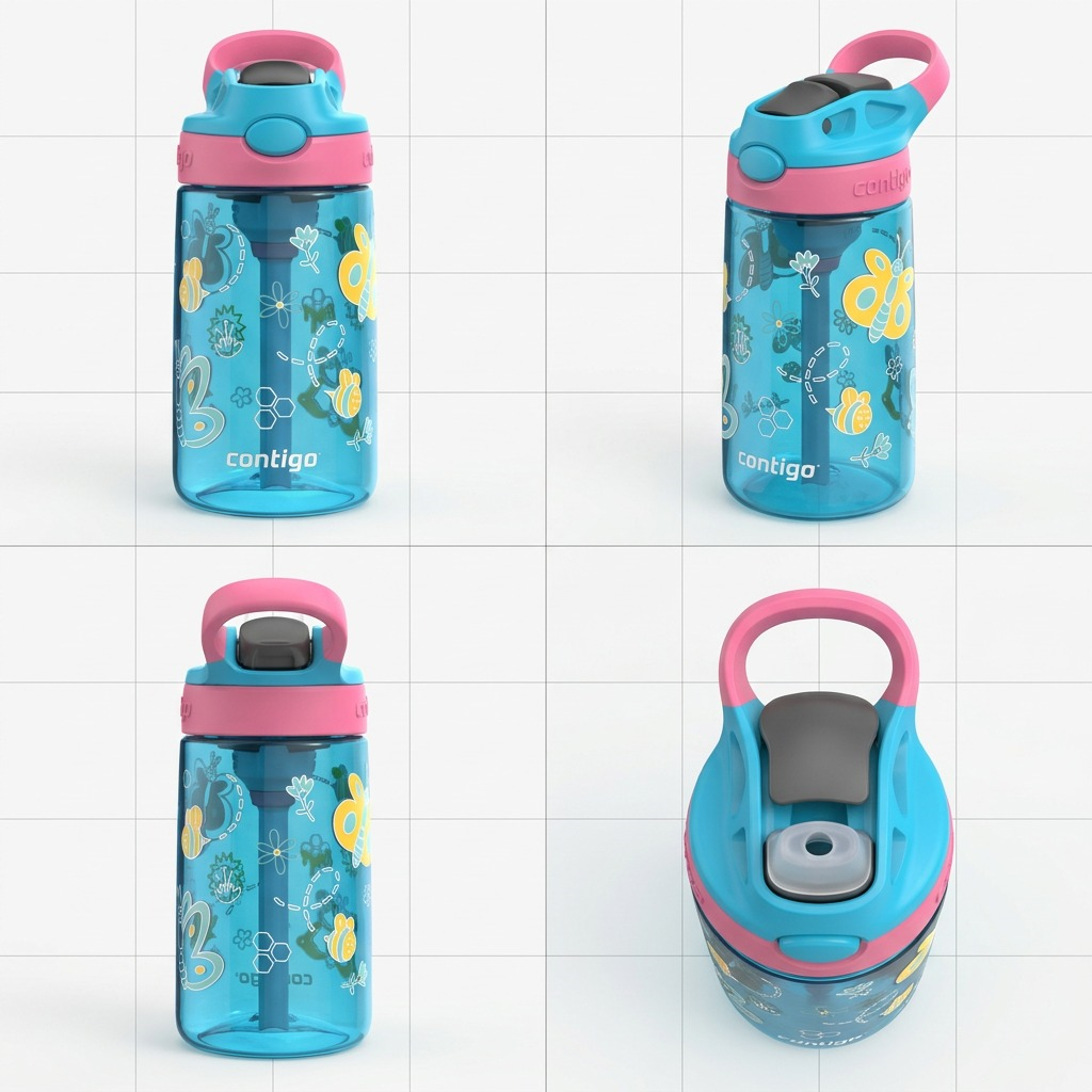 Four views of the Contigo 14 oz. Kids’ Autospout Bottle in Blue Raspberry Butterflies.