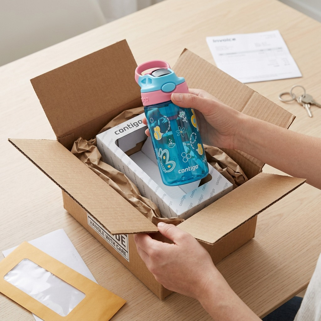 Hands unboxing a Contigo Blue Raspberry Butterflies water bottle from protected shipping materials.