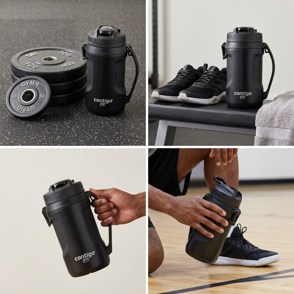 Scale of the 64oz Contigo Fit Autospout Jug shown next to gym weights, sneakers, and held by a hand.