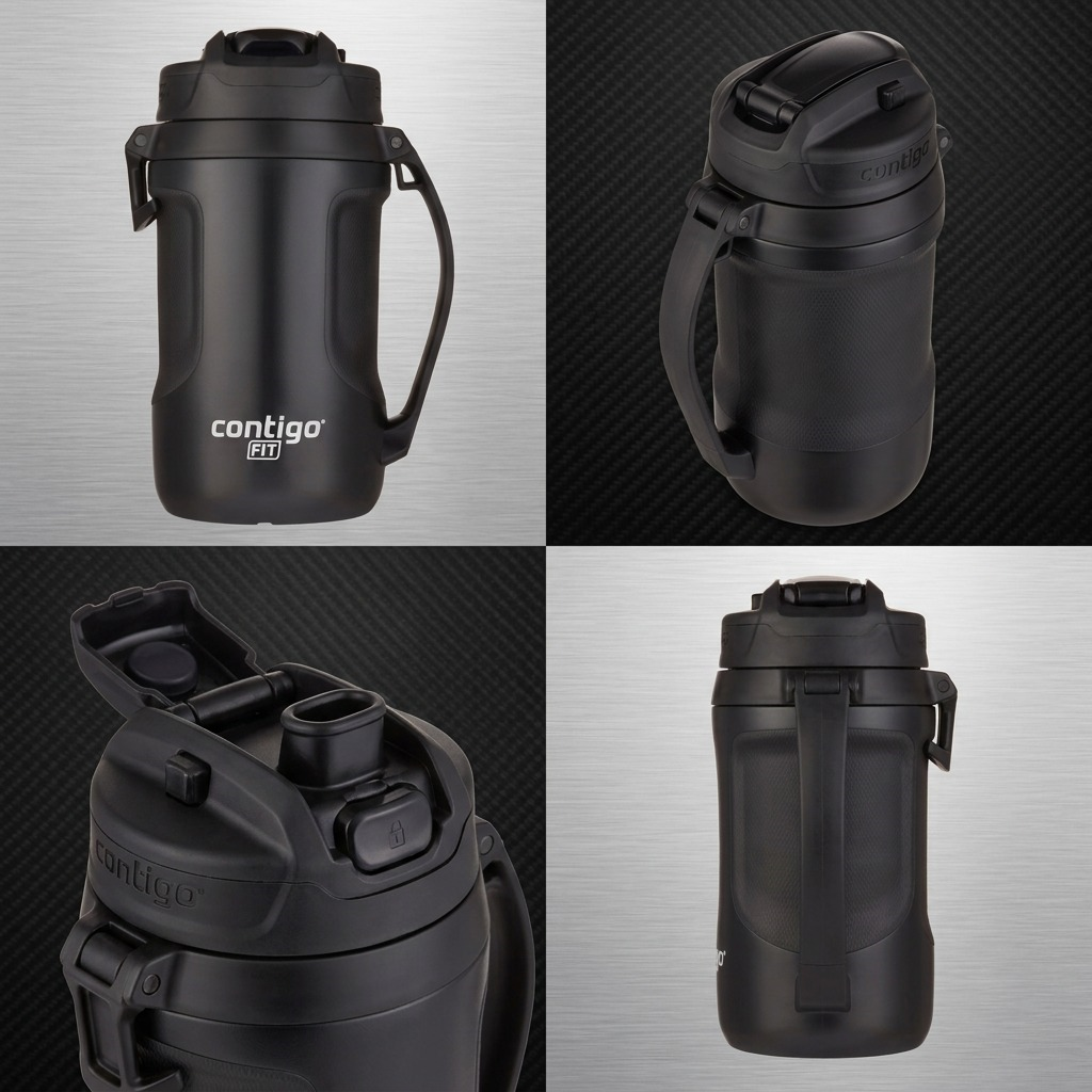 A grid of four photos shows the black 64oz Contigo Fit Autospout Jug from multiple angles.